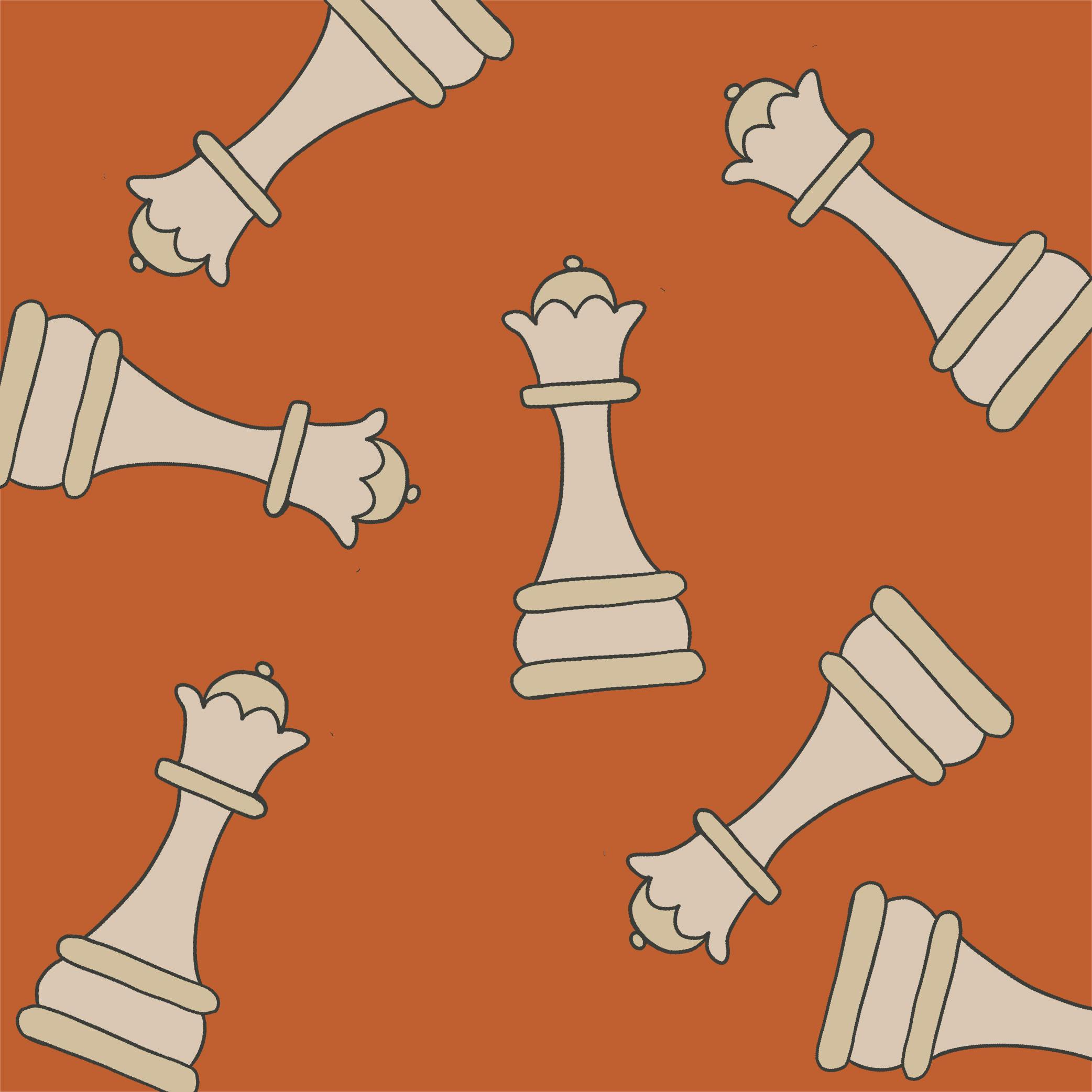 Sketches of chess pieces on an orange background