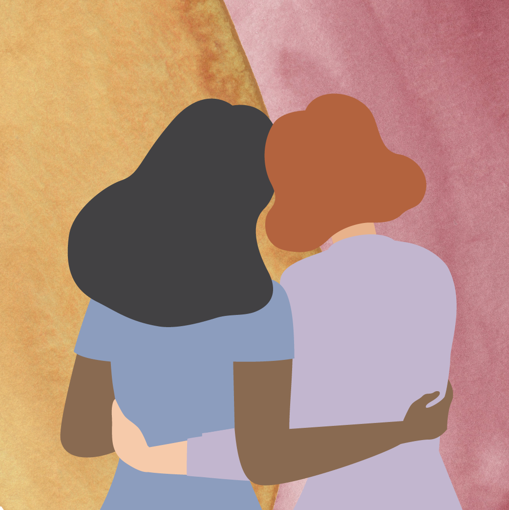 An illustration of two women embracing side by side